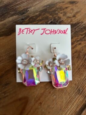 Betsey Johnson Iridescent Crystal Drop Earrings with White Flower Accents
